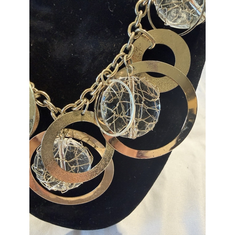 Artsy Mixed Metal Statement Necklace Geometric Circles Clear Beads Modern Boho - Picture 4 of 7